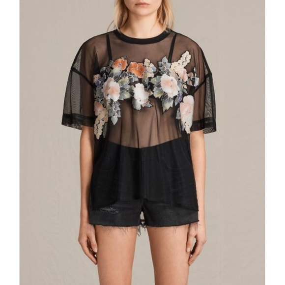 All Saints Tops - All Saints Keela Tee - floral and mesh in black